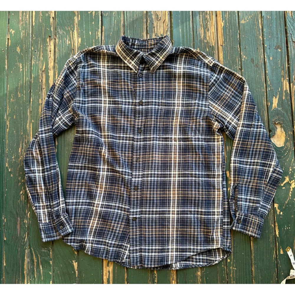 St Johns Bay Mens Large Flannel Shirt Navy Blue Brown Plaid Long Sleeve Cotton